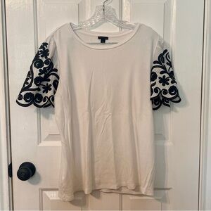 Ann Taylor White Tee with Black Embroidered Sleeves